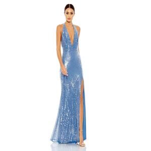 NWT Mac Duggal 93716 Gown Blue Sequin Open back Halter Red Carpet Banquet Sz 16